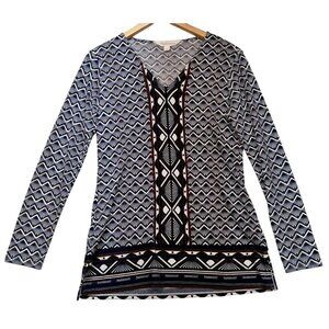 Magnolia Grace Women V Neck Tunic Blouse Stretch Sz S Navy Brown Geo Long Sleeve